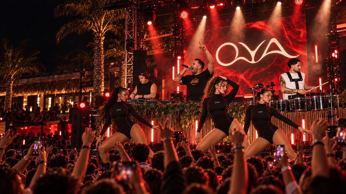 Concept del cast completo OYA sul palco: DJ, percussioni, vocalist e ballerine con body OYA davanti al pubblico